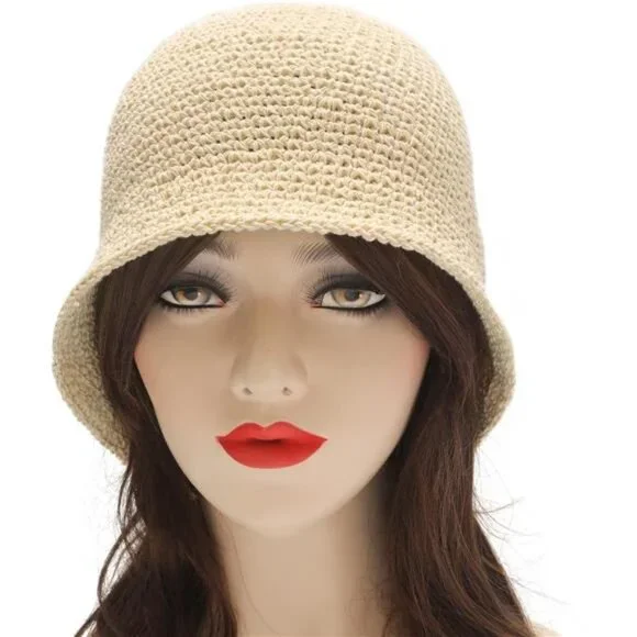 Women Winter Crochet Bucket Hat Solid Beige